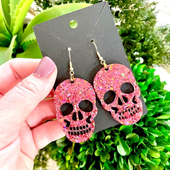 Pink Acrylic Skull Earrings - Picture 3 of 4